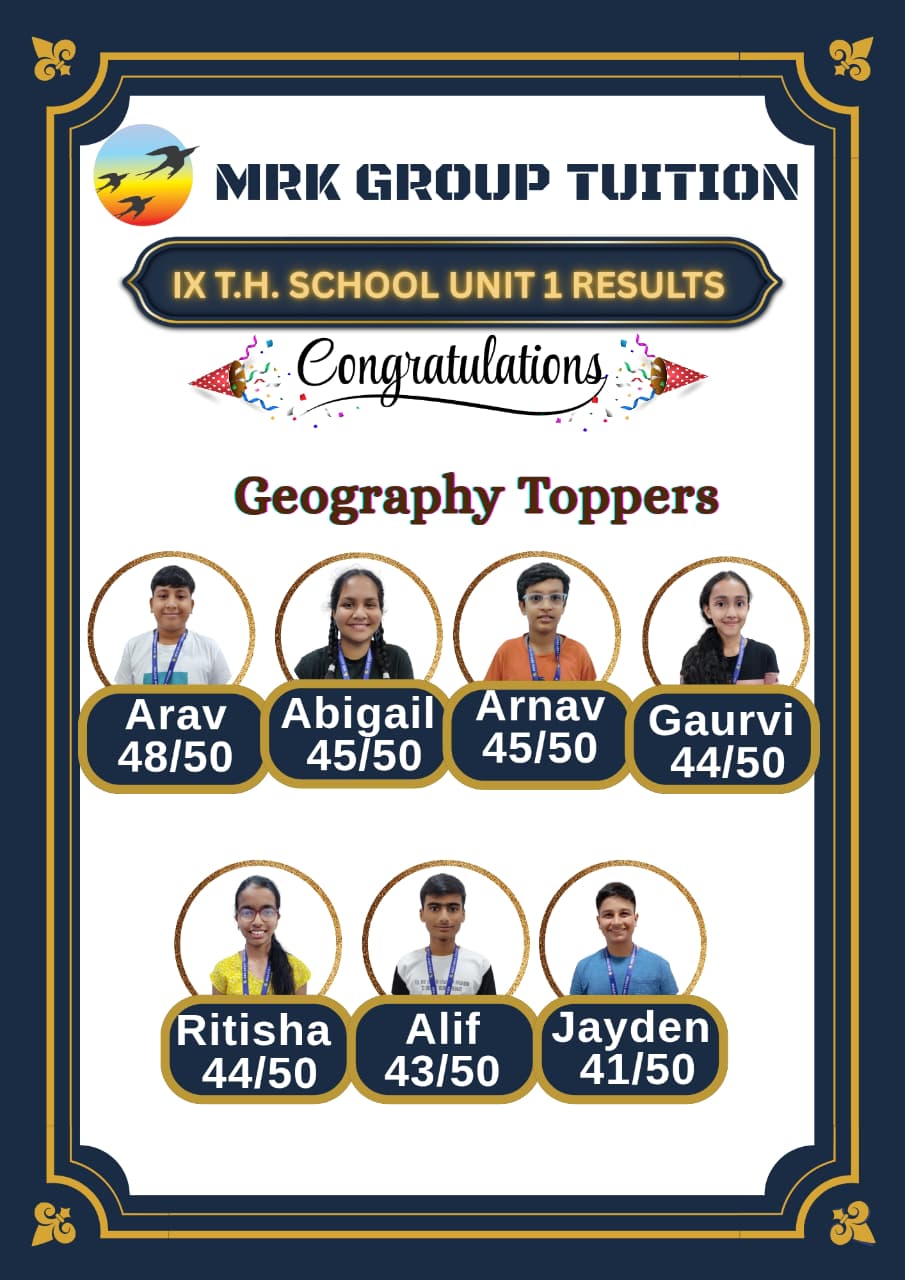 IX T.H. SCHOOL UNIT 1 RESULTS Geography Toppers