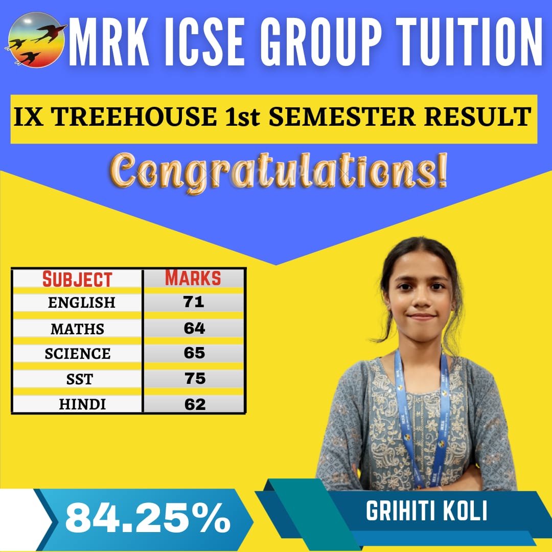 "Kudos to Grihiti Koli, a stellar student from Mrk ICSE Group Tuition's STD IX class, for securing an impressive 84.50%! 🌟📚 #AcademicSuccess #ClassOf2023"