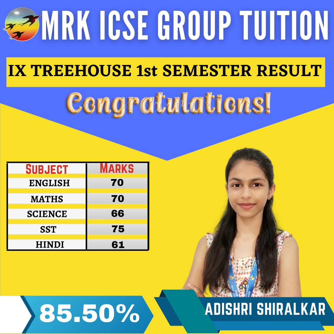 "Adishri Shiralkar shines brightly with an impressive 85.50% in her STD IX exams at Mrk ICSE Group Tuition! 🌟📚 #AcademicExcellence #ClassOf2023"