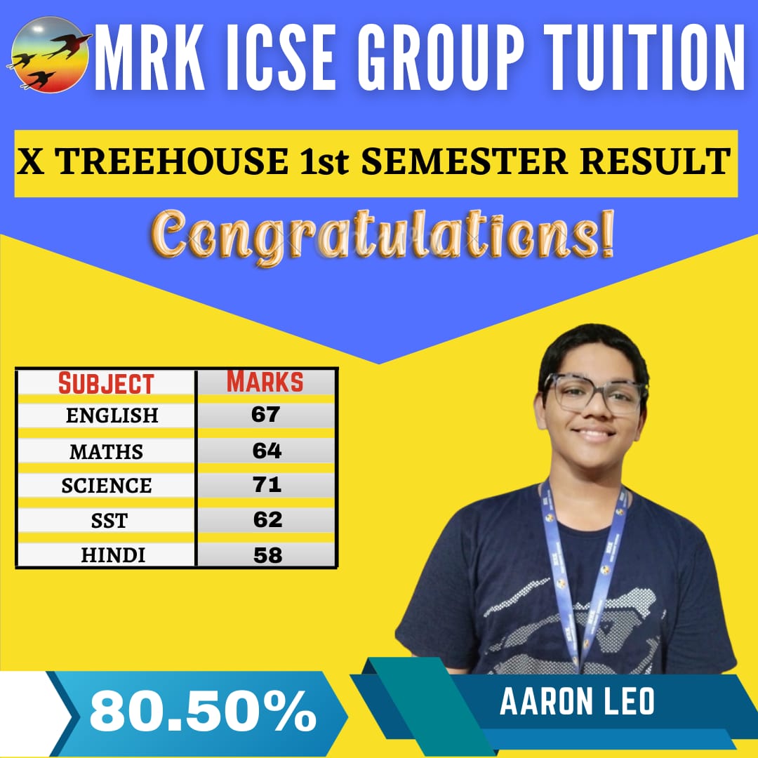 "Congratulations to Aaron Leo, an outstanding student of Mrk ICSE Group Tuition, who has secured an impressive 81.50% in his STD X exams! 🌟📚 #AcademicExcellence #TopPerformer"