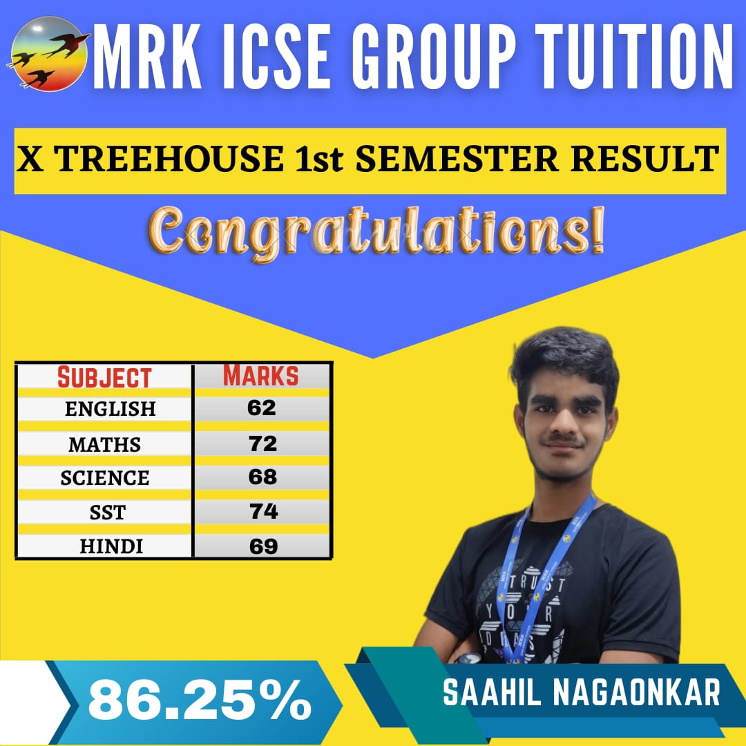 "Congratulations to Sahil Nagonkar, a star student of Mrk ICSE Group Tuition, for achieving an exceptional 86.25% in his STD X exams! 🌟📚 #AcademicAchievement #TopAchiever"