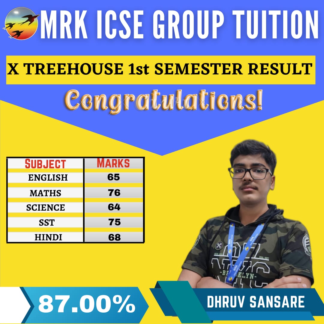 "Dhruv Sansare soars with a remarkable 87.00% in his STD X exams at Mrk ICSE Group Tuition! 🌟📚 #AcademicExcellence"
