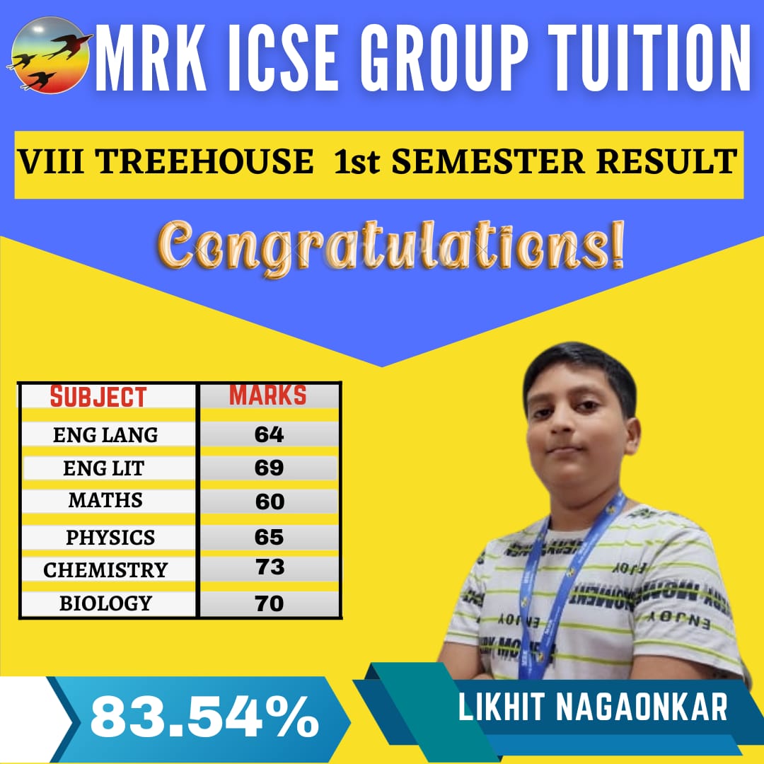 "Likhit Nagaonkar shines brightly with an impressive 83.54% in his STD VIII exams at Mrk ICSE Group Tuition! 🌟📚 #AcademicSuccess #ClassOf2023"