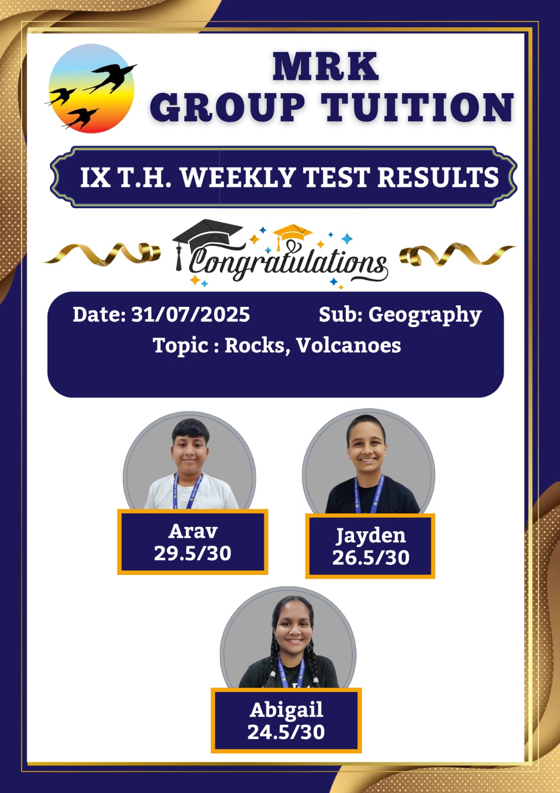 IX T.H. WEEKLY TEST RESULTS