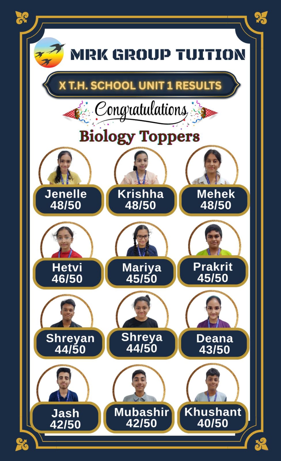 X T.H. SCHOOL UNIT 1 RESULTS  Biology Toppers