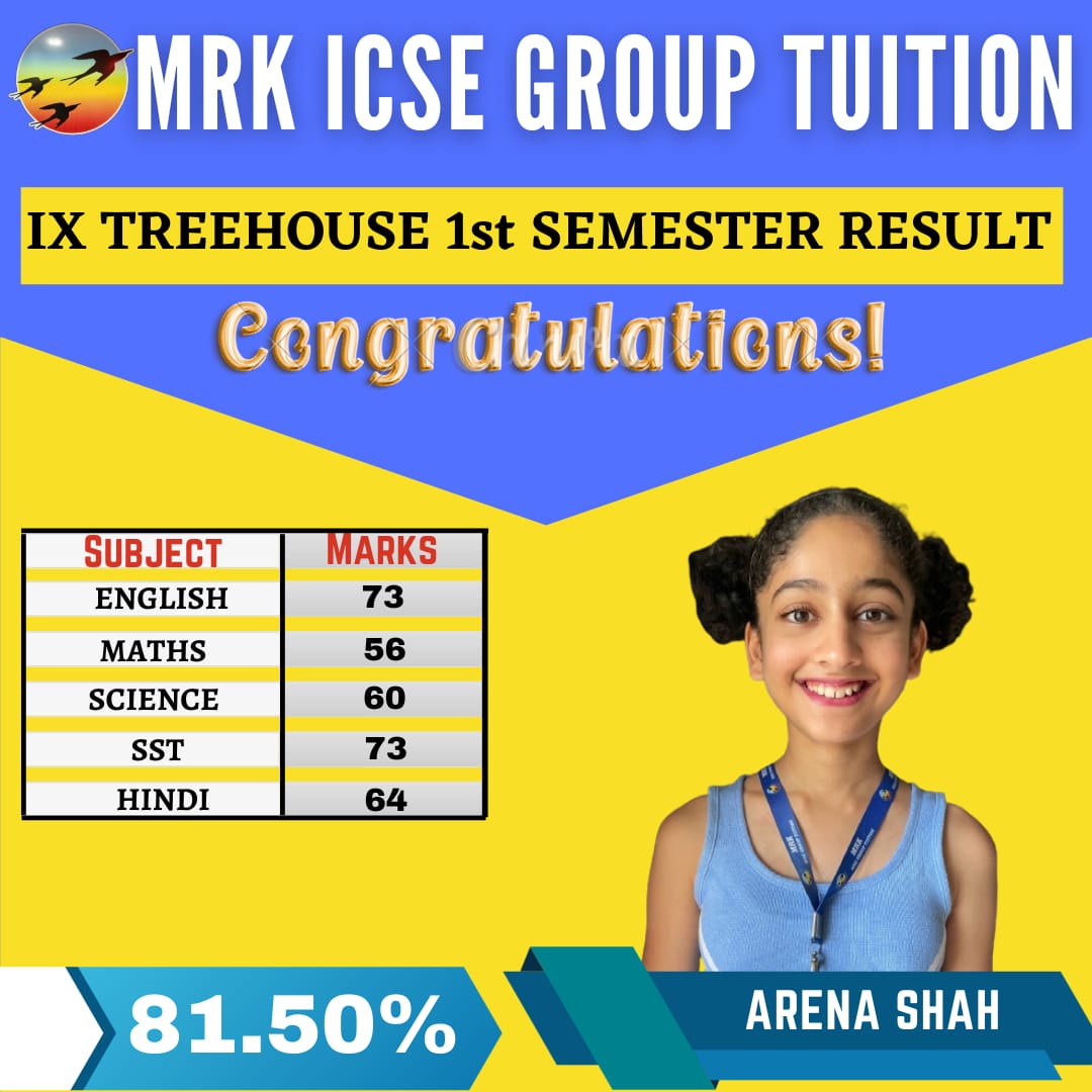 "A hearty congratulations to Arena Shah, a shining star from Mrk ICSE Group Tuition's STD IX class, who has achieved an impressive 81.50%! 🌟📚 #AcademicExcellence #ClassOf2023"