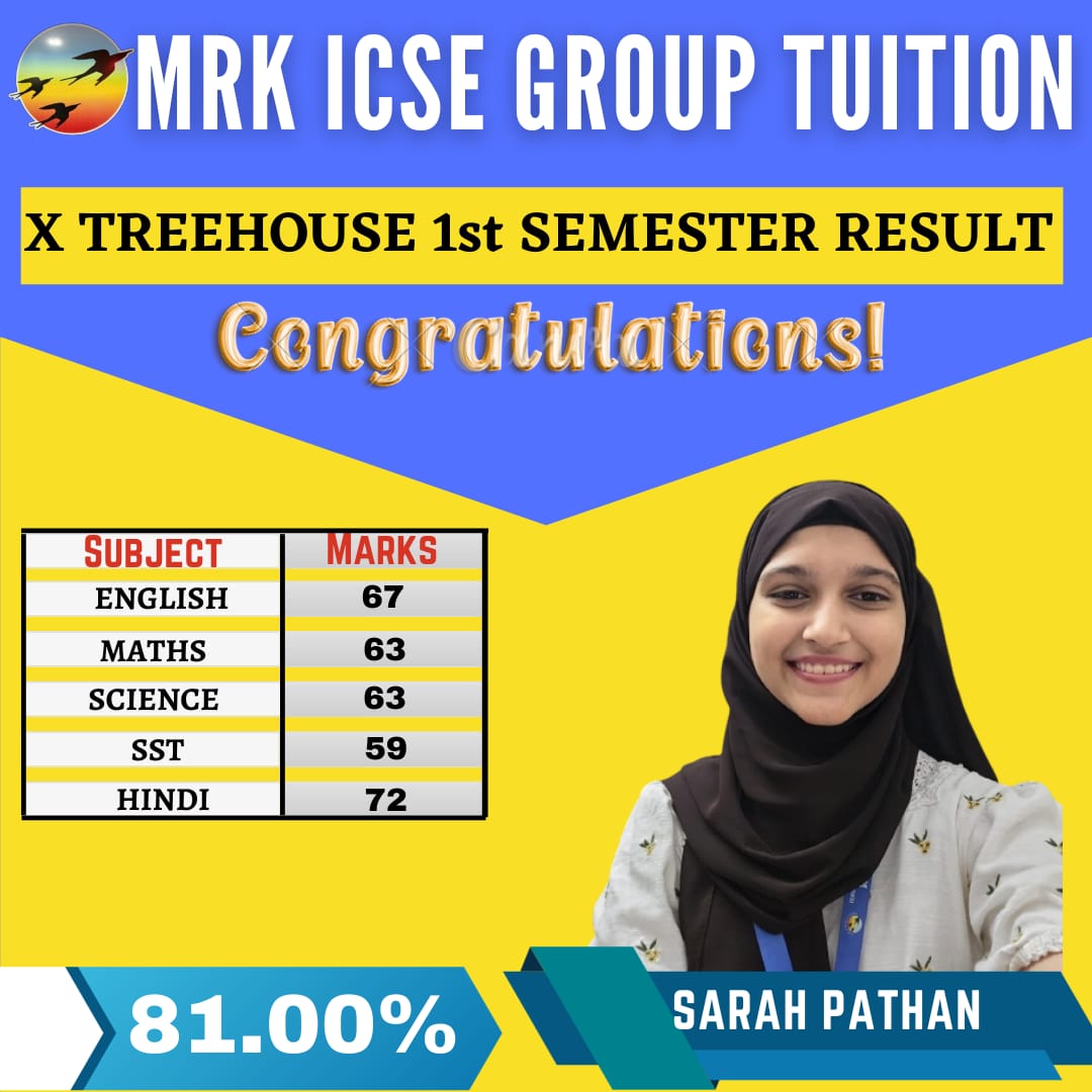 "A big congratulations to Sarah Pathan, an exceptional student from Mrk ICSE Group Tuition, who has achieved an impressive 81.00% in her STD X exams! 🌟📚 #AcademicExcellence"
