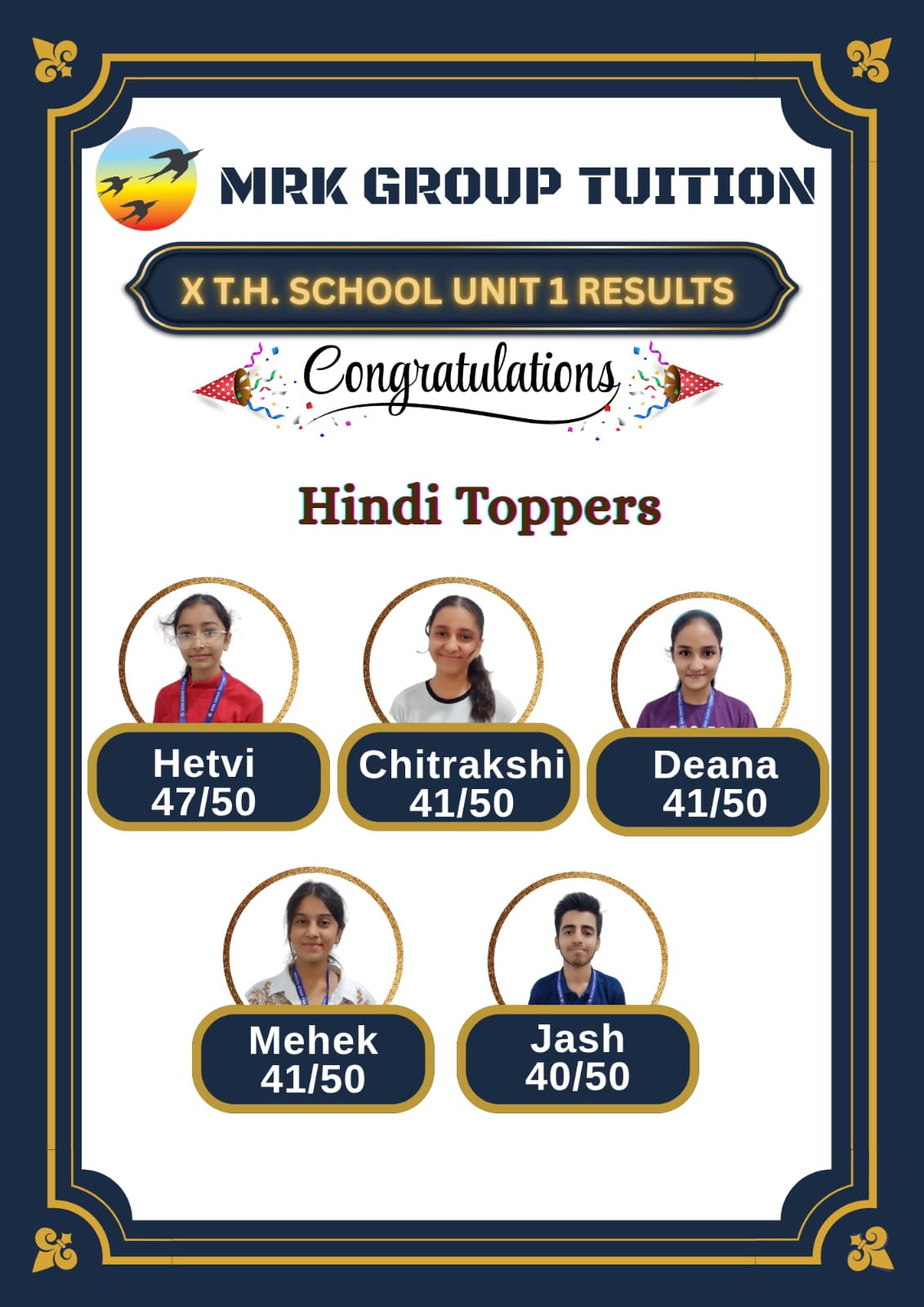 X T.H. SCHOOL UNIT 1 RESULTS  Hindi Toppers