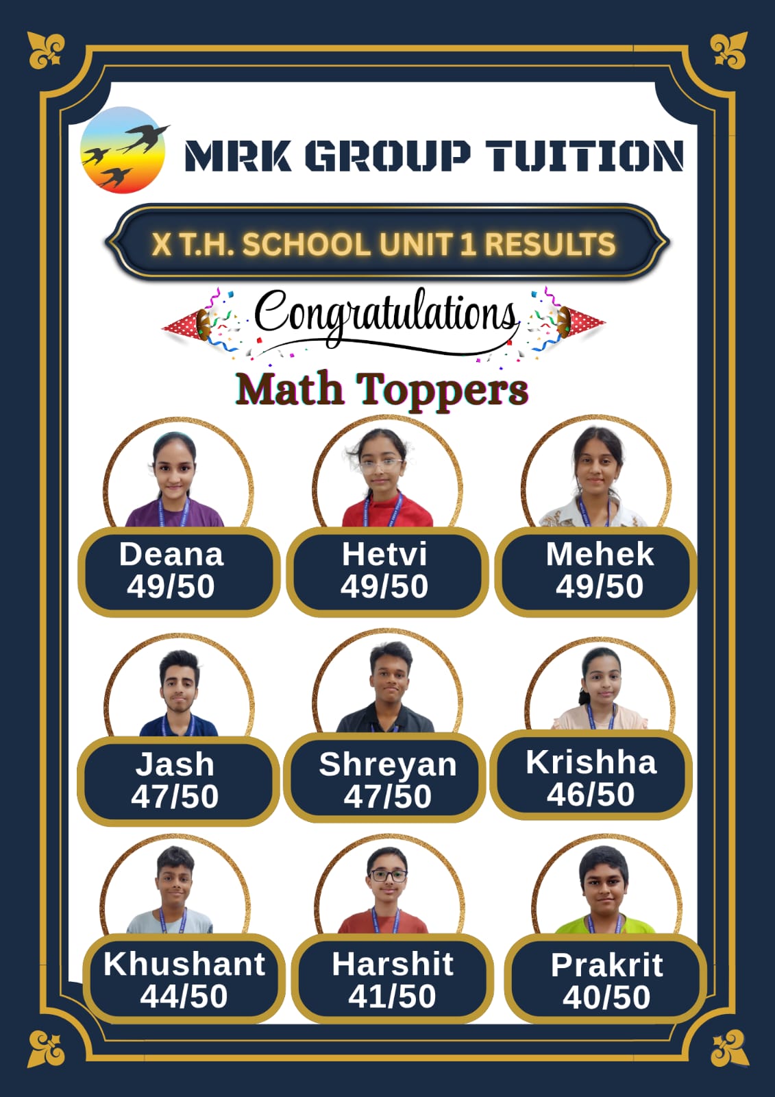 X T.H. SCHOOL UNIT 1 RESULTS Math Toppers