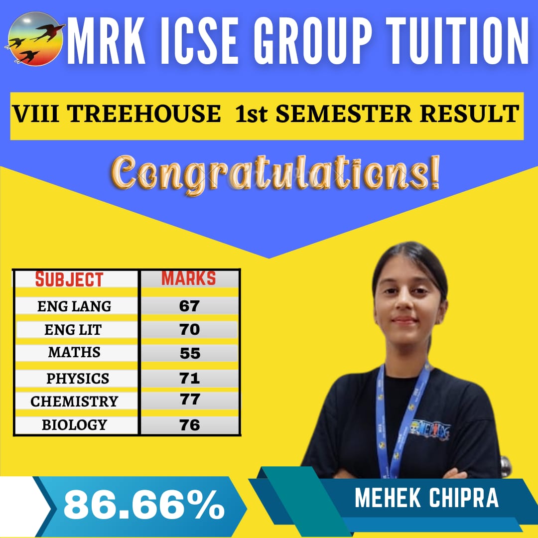 "Mehek Chipra excels with a remarkable 86.66% in her STD VIII exams at Mrk ICSE Group Tuition! 🌟📚 #AcademicAchievement #ClassOf2023"