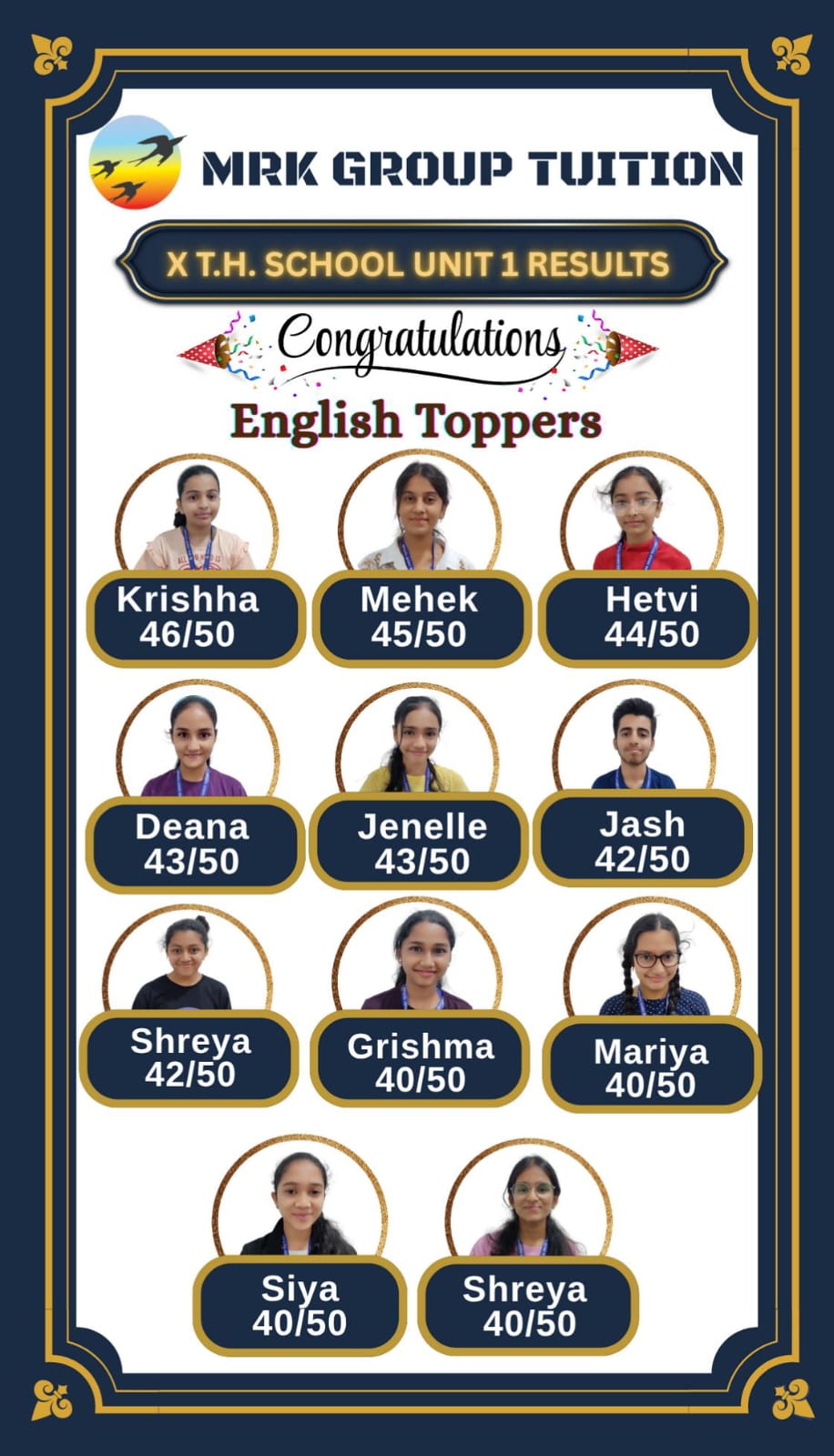 X T.H. SCHOOL UNIT 1 RESULTS English Toppers