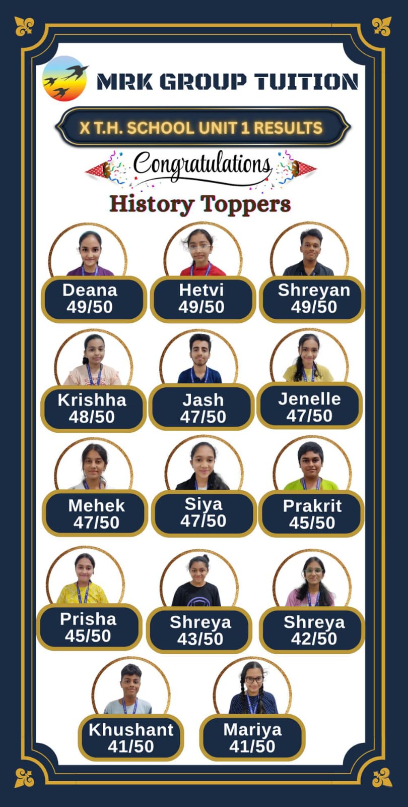 X T.H. SCHOOL UNIT 1 RESULTS History Toppers
